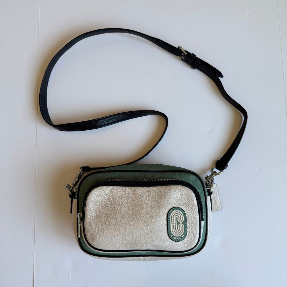 Coach Court Colorblock Crossbody Bag Green White Leather Nylon Signature - Picture 2 of 14